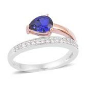 Created Blue & White Sapphire Ring in 10k Yellow Gold 925 Sterling Silver